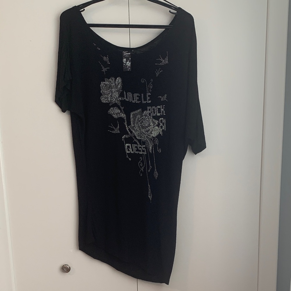 Guess Black Rhinestone Logo Rose Rocker Grunge Asymmetrical Tunic Size Medium